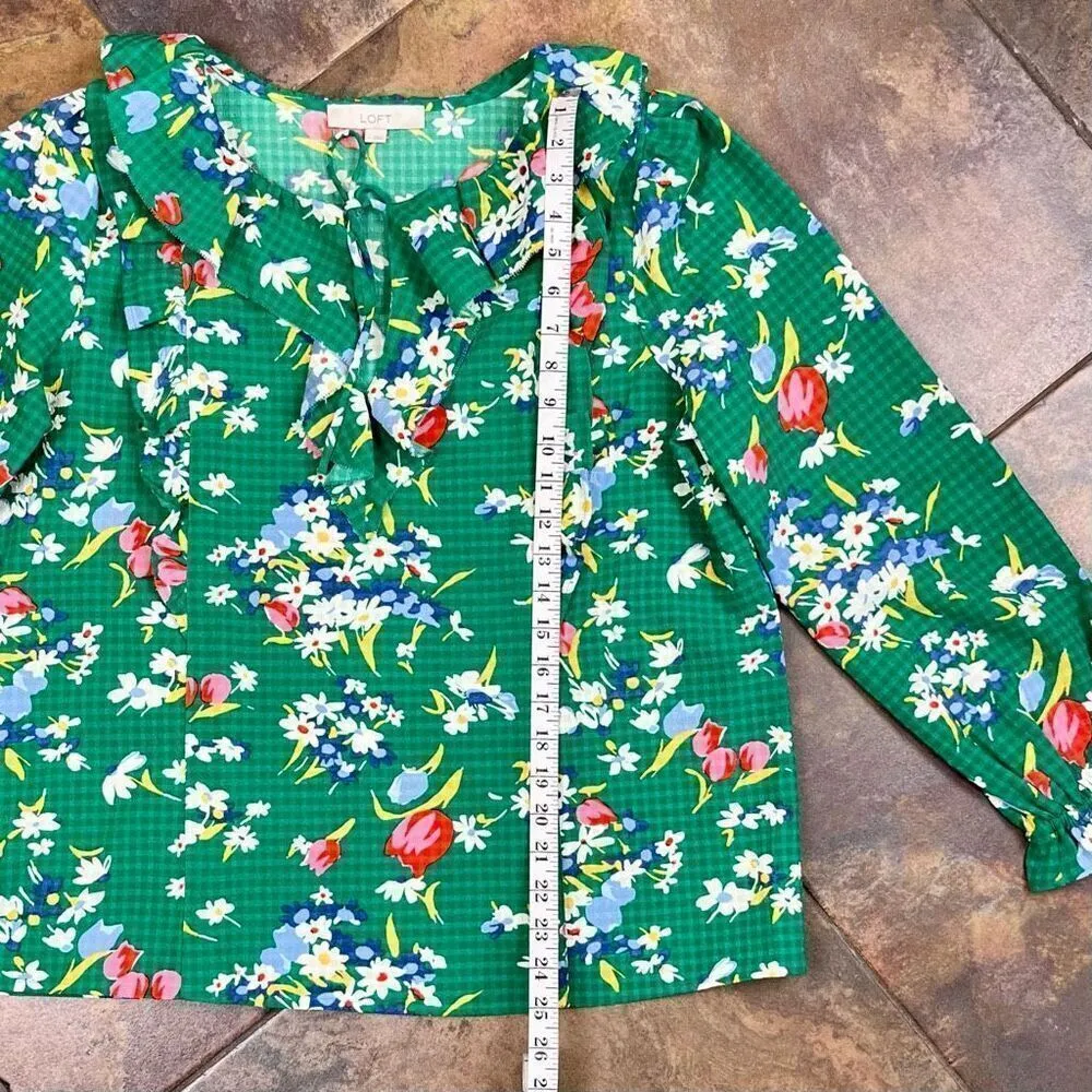 Loft Green Floral Bouquet Ruffle Tie Neck Blouse Large - Image 5