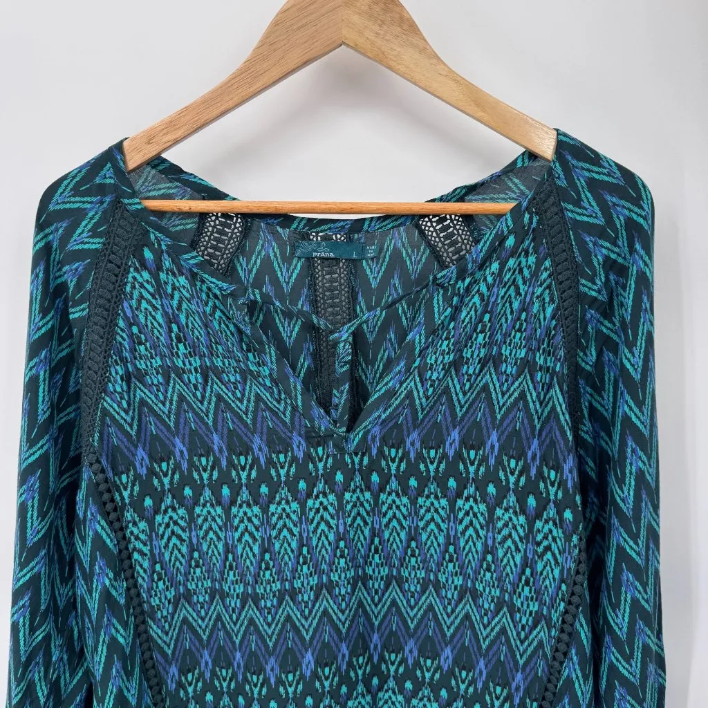 Prana Tacana Peasant‎ Top Womens Large Green Purple Geometric Print Crochet Trim - Image 2