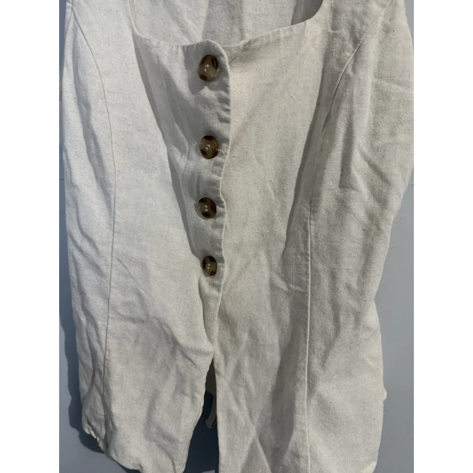 The Workshop Cream 90s Style Button Down Linen Blend Square Neck Vest Women Sz M Tan Size M - Image 2