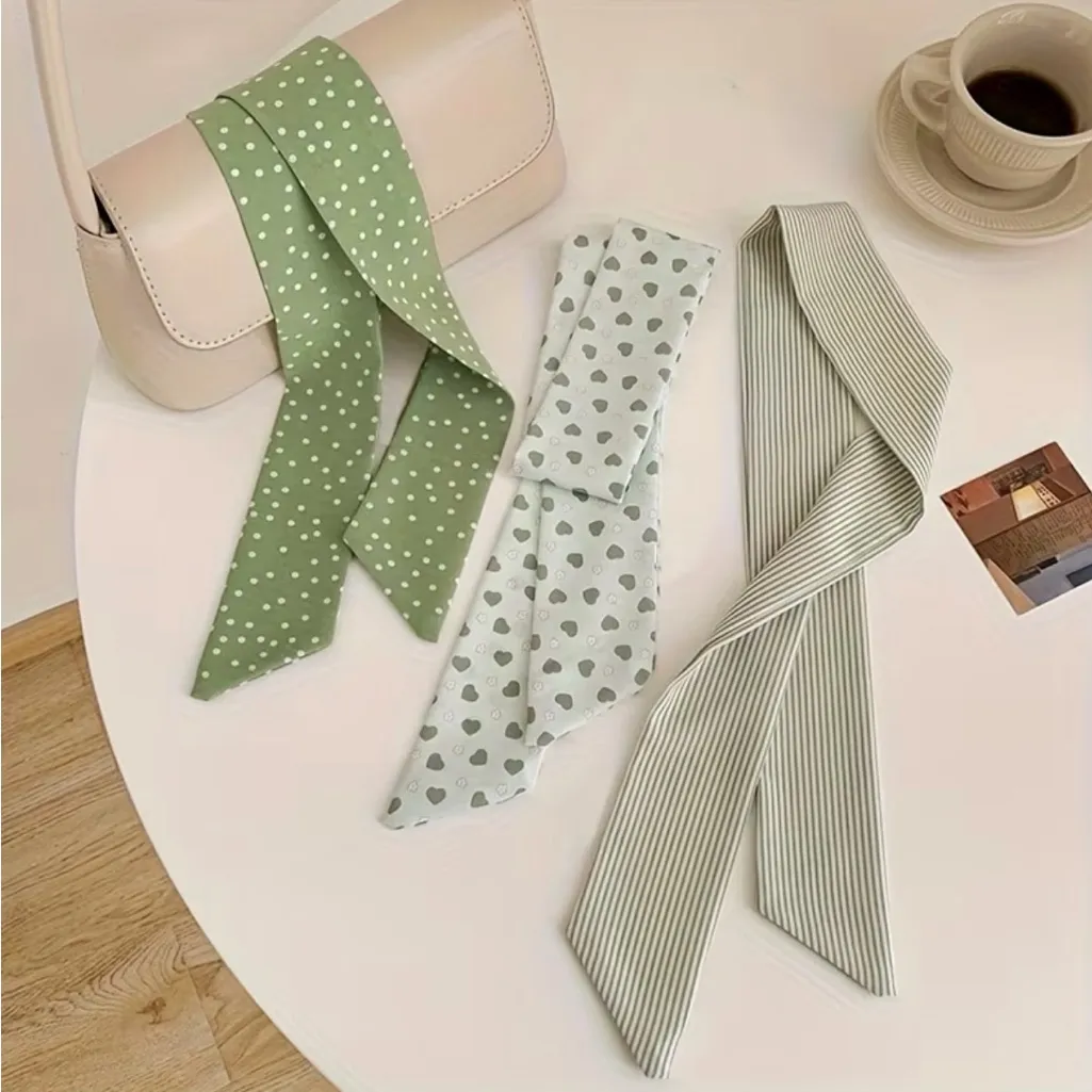 Set of 4 Green Twilly Scarves Floral Polka Dot Stripe Hearts Twillies Silk - Image 4