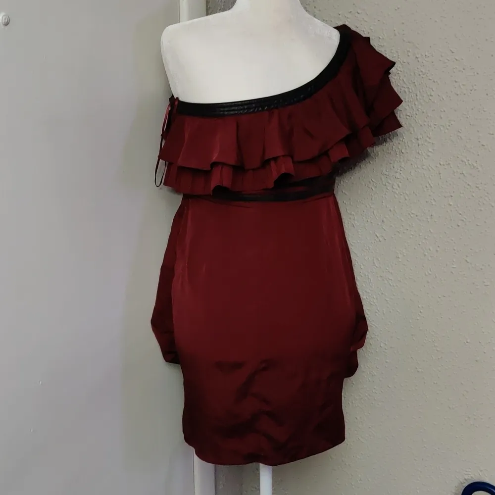 Double Zero Ruffled Burgundy Pleather One Shoulder Dress L Coquette Mall Goth - Image 2