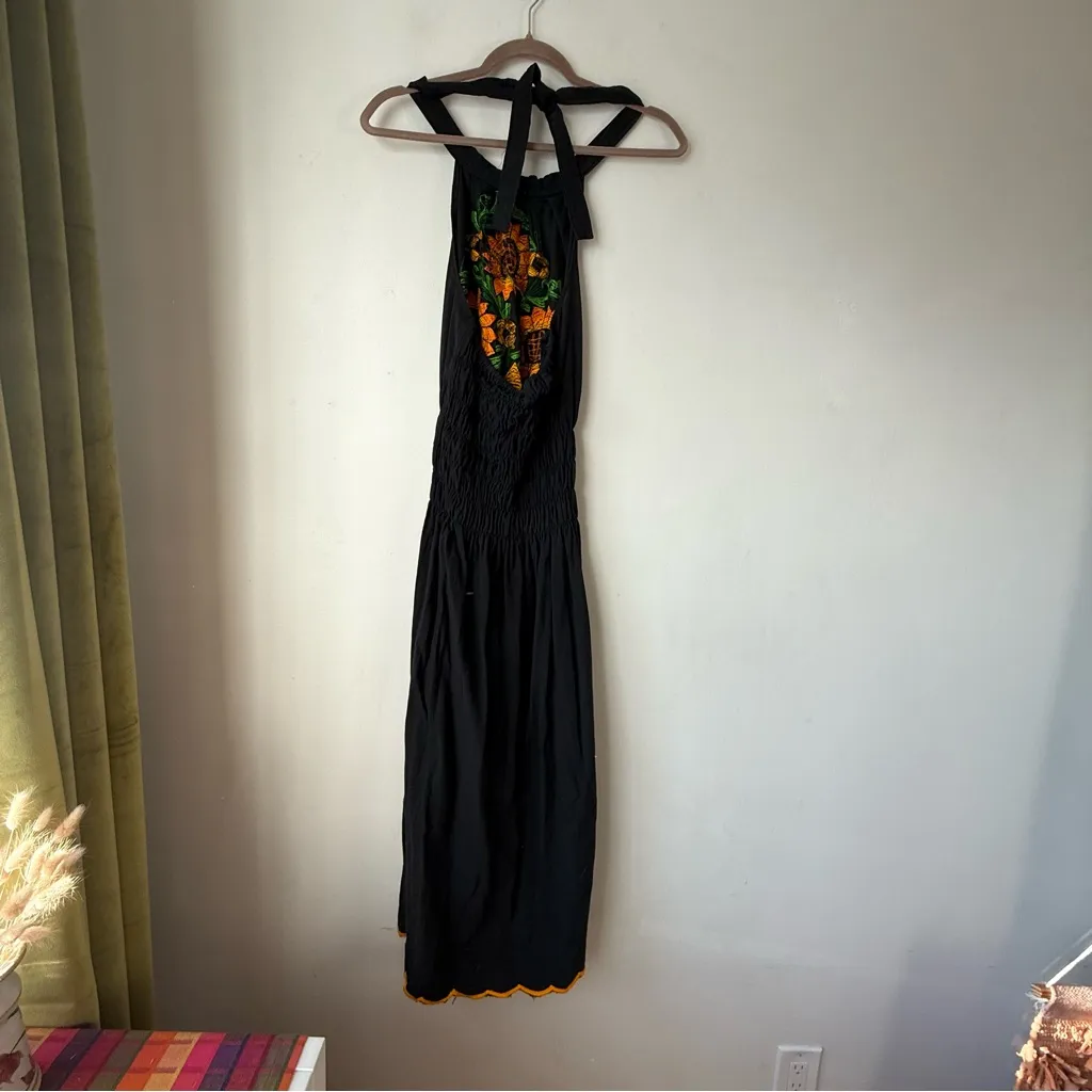 Vintage 70s Black Sunflower Embroidered Halter Midi Dress M Size M - Image 2