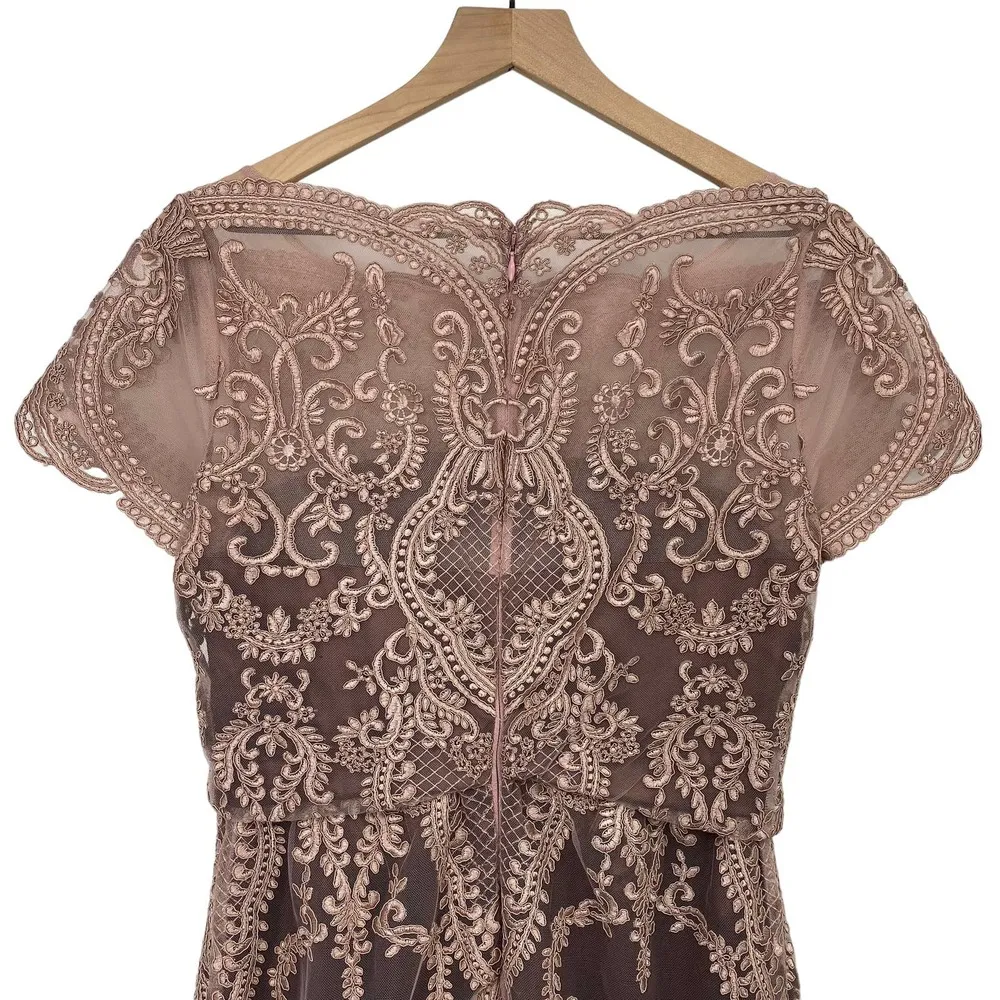 JS Collection Embroidered Lace Overlay Gown Scalloped Cap Sleeve Blush Tan 4 - Image 5