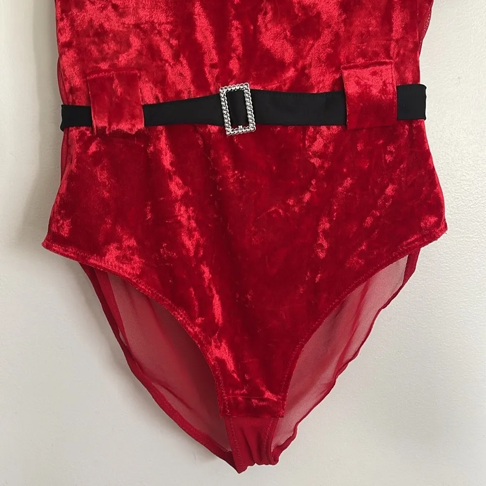 French Affair Santa Christmas Cosplay Red Velvet Mesh Push-Up Lingerie Bodysuit - Image 4
