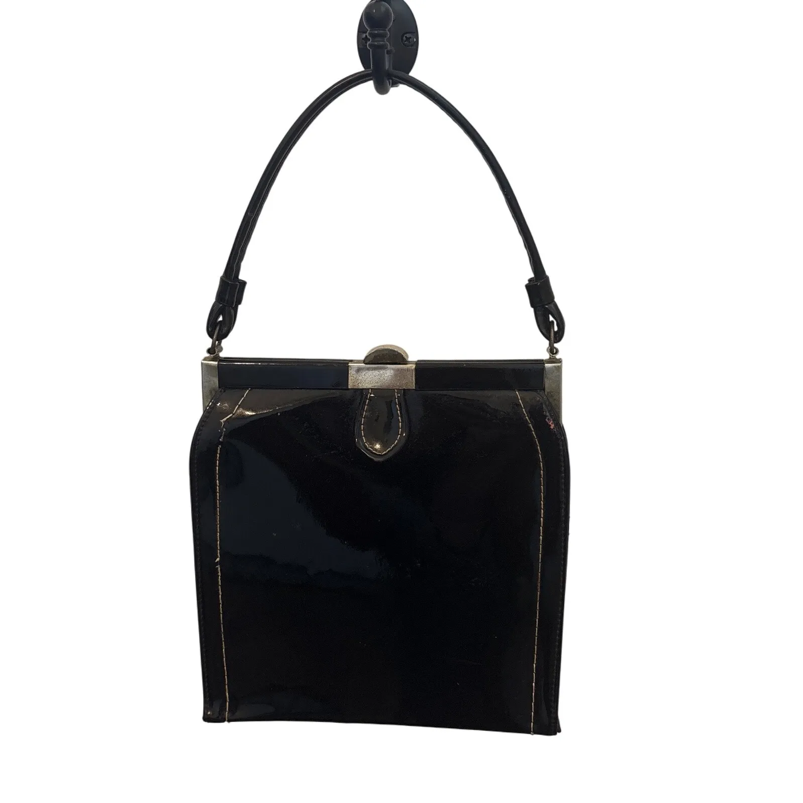 Vintage 1940's Black Patent Leather Kiss Lock Frame Handbag Evening Bag - Image 2