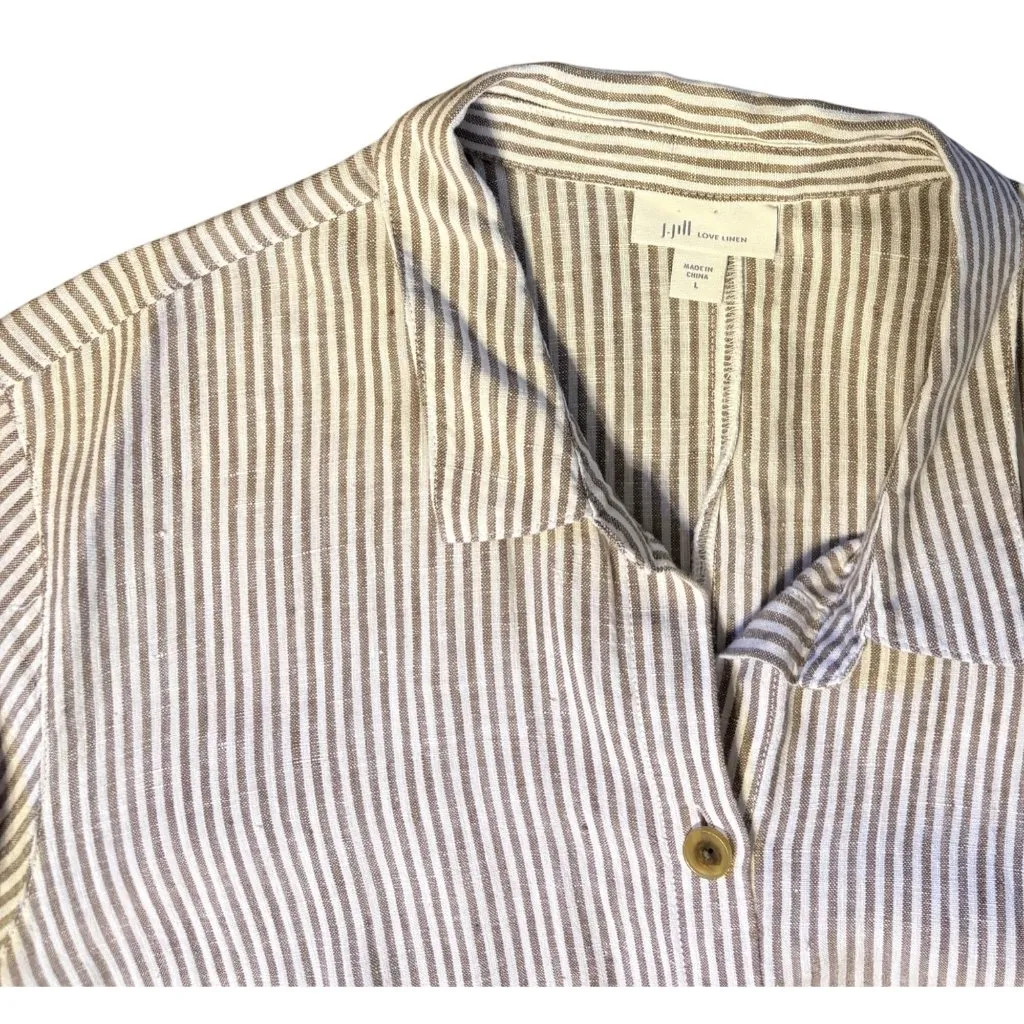New J Jill Love Linen L Maxi Dress Shirt Button Striped Duster Jacket White Tan - Image 8