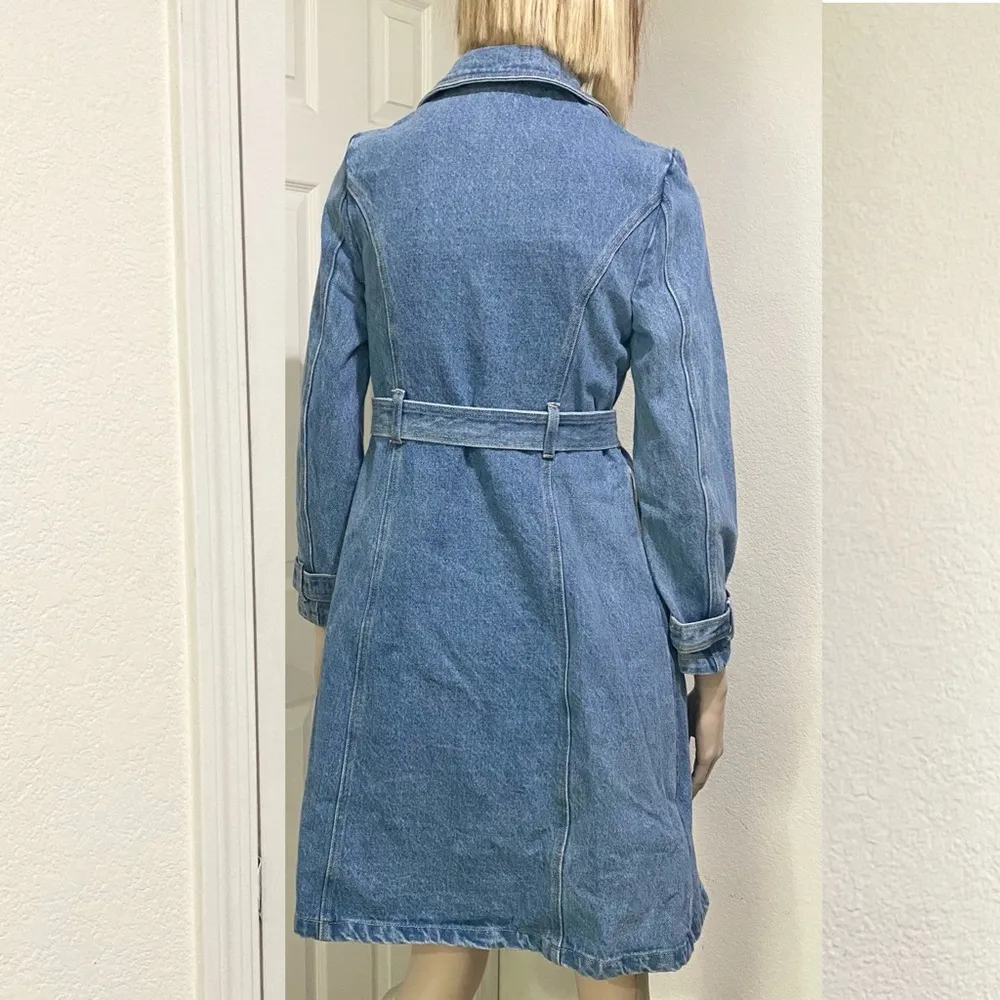 MY WAY HER WAY Denim Jean Wrap Belted Long Trench Jacket Outer Wear Size S NWOT Blue - Image 3