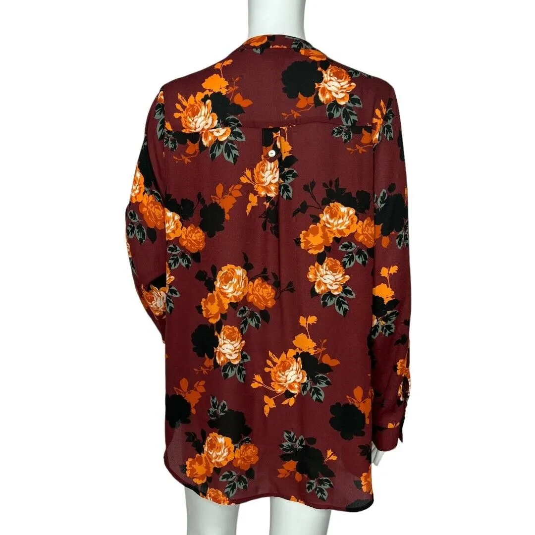 ModCloth Popover Blouse Red Orange‎ Floral Long Sleeve Half Button - Image 3