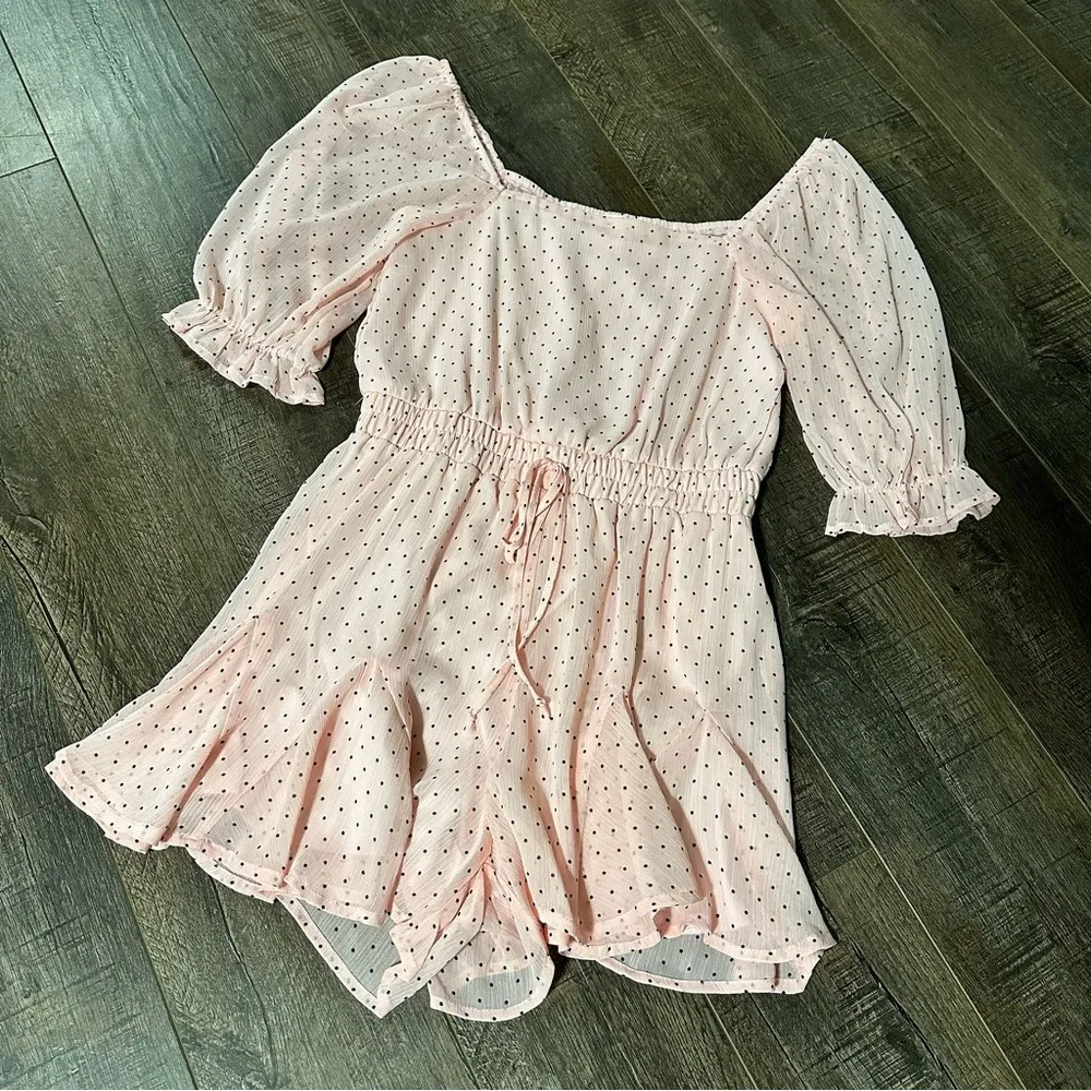 Mi Ami Size Small Pink Polka Dot Ruffle Puffer Sleeve Romper Preppy Frilly - Image 2