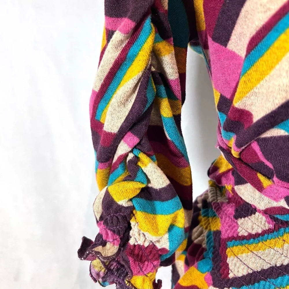 Vintage deep vneck colorful abstract print smocked peplum sweater top medium - Image 4