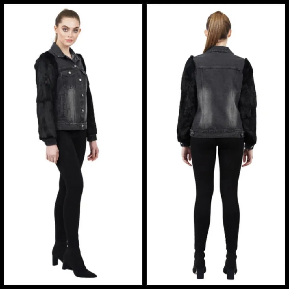 💕LOVE TOKEN💕 Murray Genuine Real Rabbit Fur Sleeve Denim Jacket Coat ~ Black M - Image 4