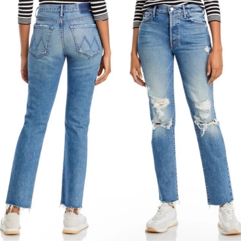 Mother 25 Trickster Skimp Fray Thrill Seeker Distressed Slim Straight Stone Wash Blue - Image 3