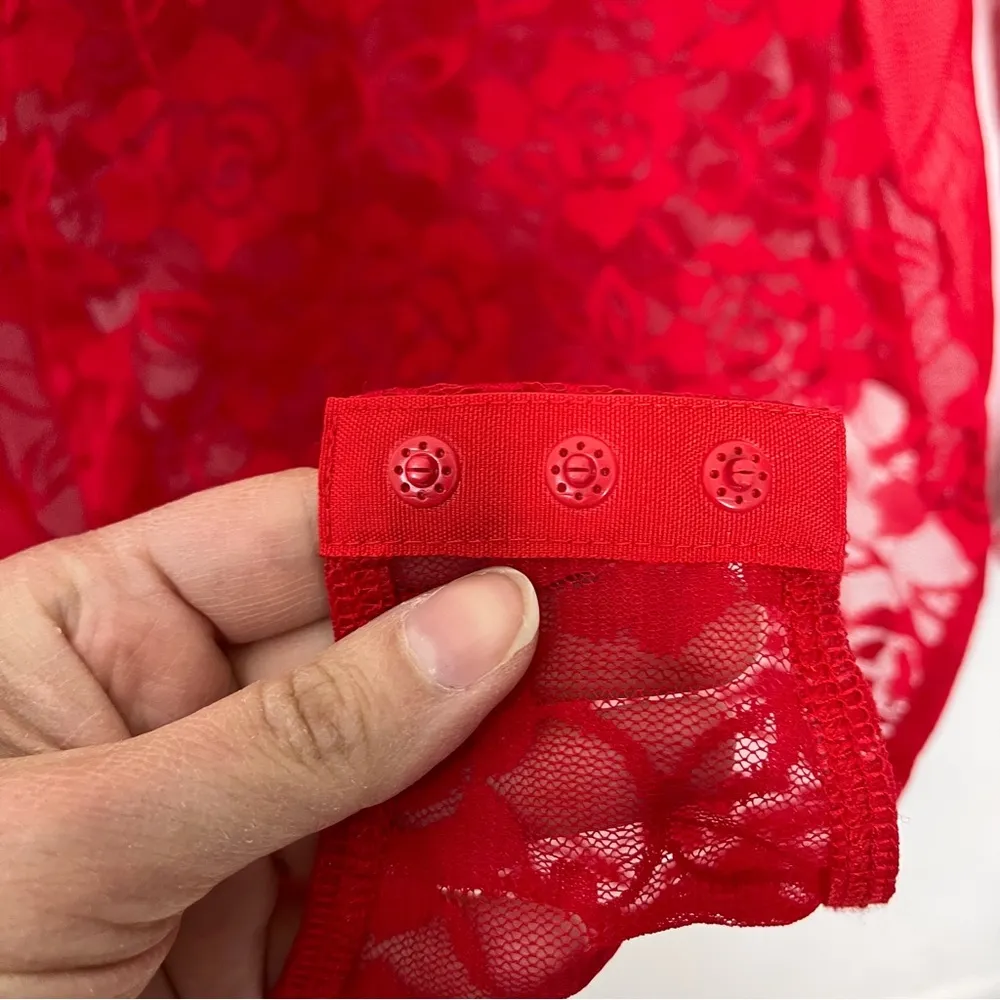 H&M Red Lace Long Sleeve V-neck Bodysuit M Sexy Vegas party top snap closure - Image 14