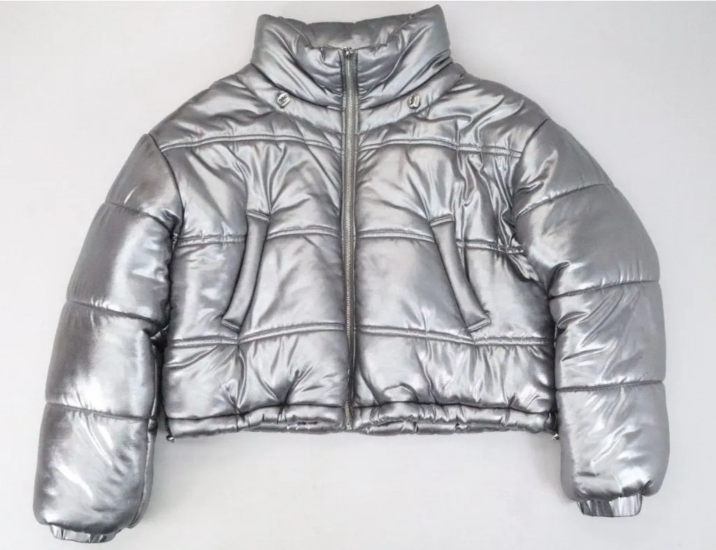 Tach Clothing Mirna Silver Metallic Short Puffer Jacket Size S Cropped - Image 1
