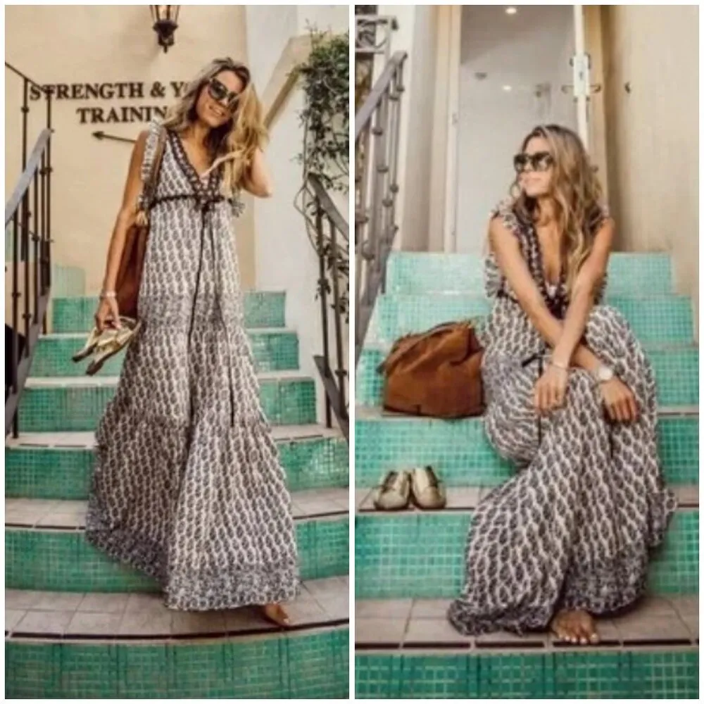 💕TORY BURCH Amita Appliquéd Printed Cotton Maxi Dress Ivory Guru Border Print 0 - Image 7