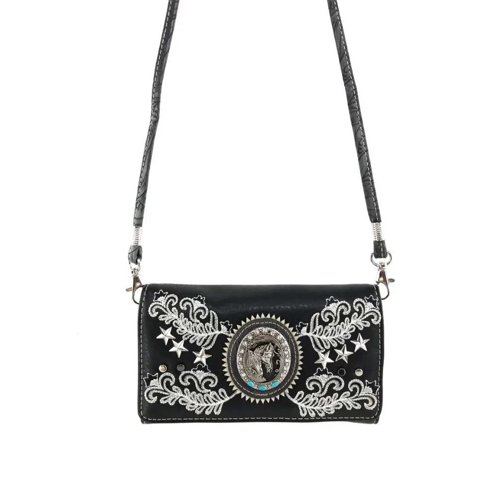 Horse Stars with Floral Embroidery Crossbody Wallet Black - Image 2