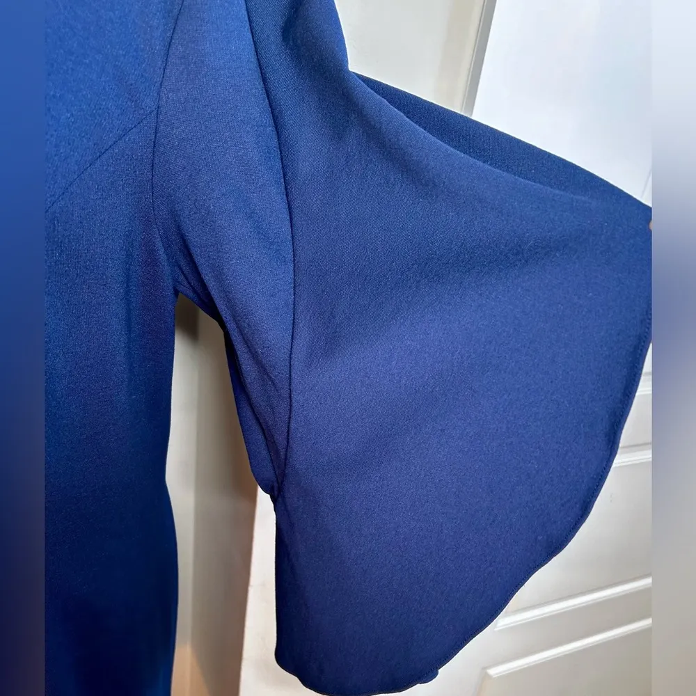 LAUREN RALPH LAUREN Ponte’ Knit Split Ruffle Bell Sleeve Navy Dress Women’s 12 Blue - Image 4