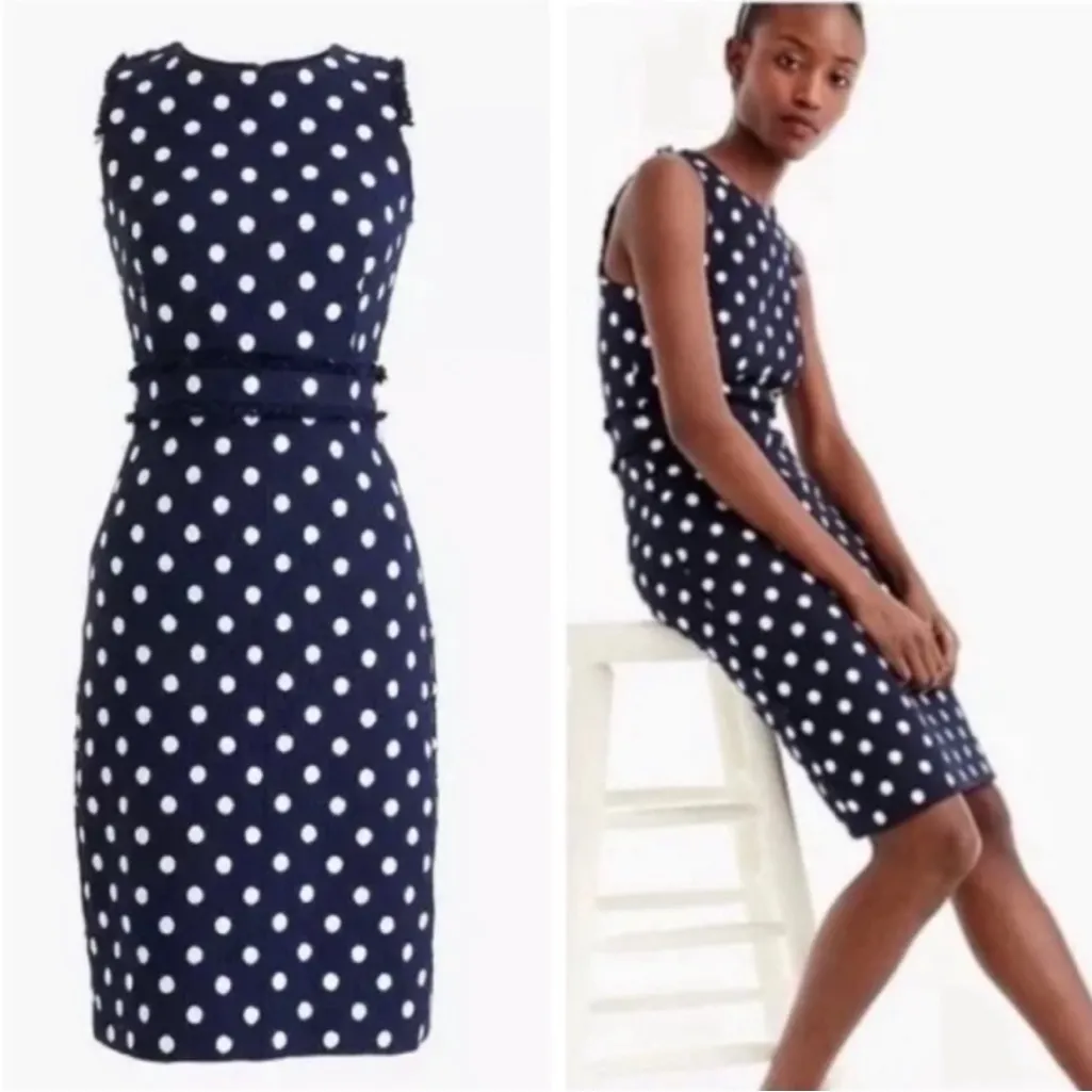 J. Crew Polka Dot Tweed Sheath Dress Navy White Fringe Sleeveless #H8030 - Image 2