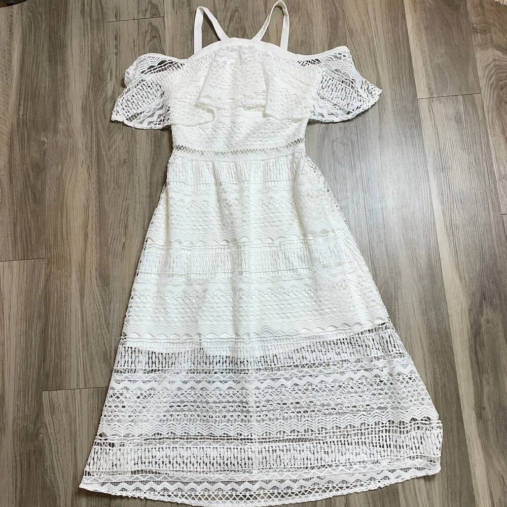 Two Sisters The Label Sheffield Cold Shoulder Bridal Ruffle Lace Midi Dress S White - Image 6
