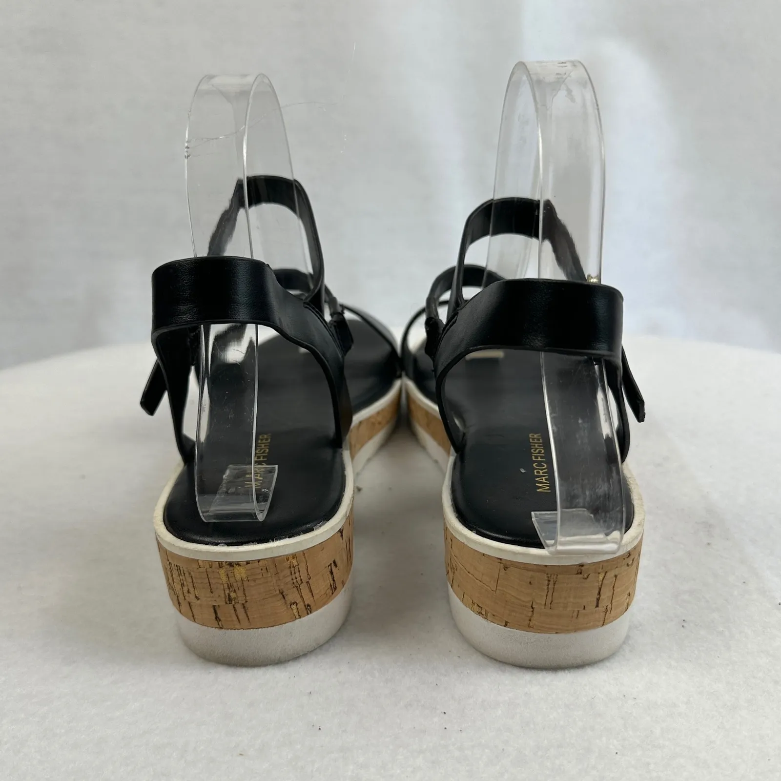 Marc Fisher Black Leather Criss Cross Platform Cork Sandals Womens Size 7M‎ - Image 4