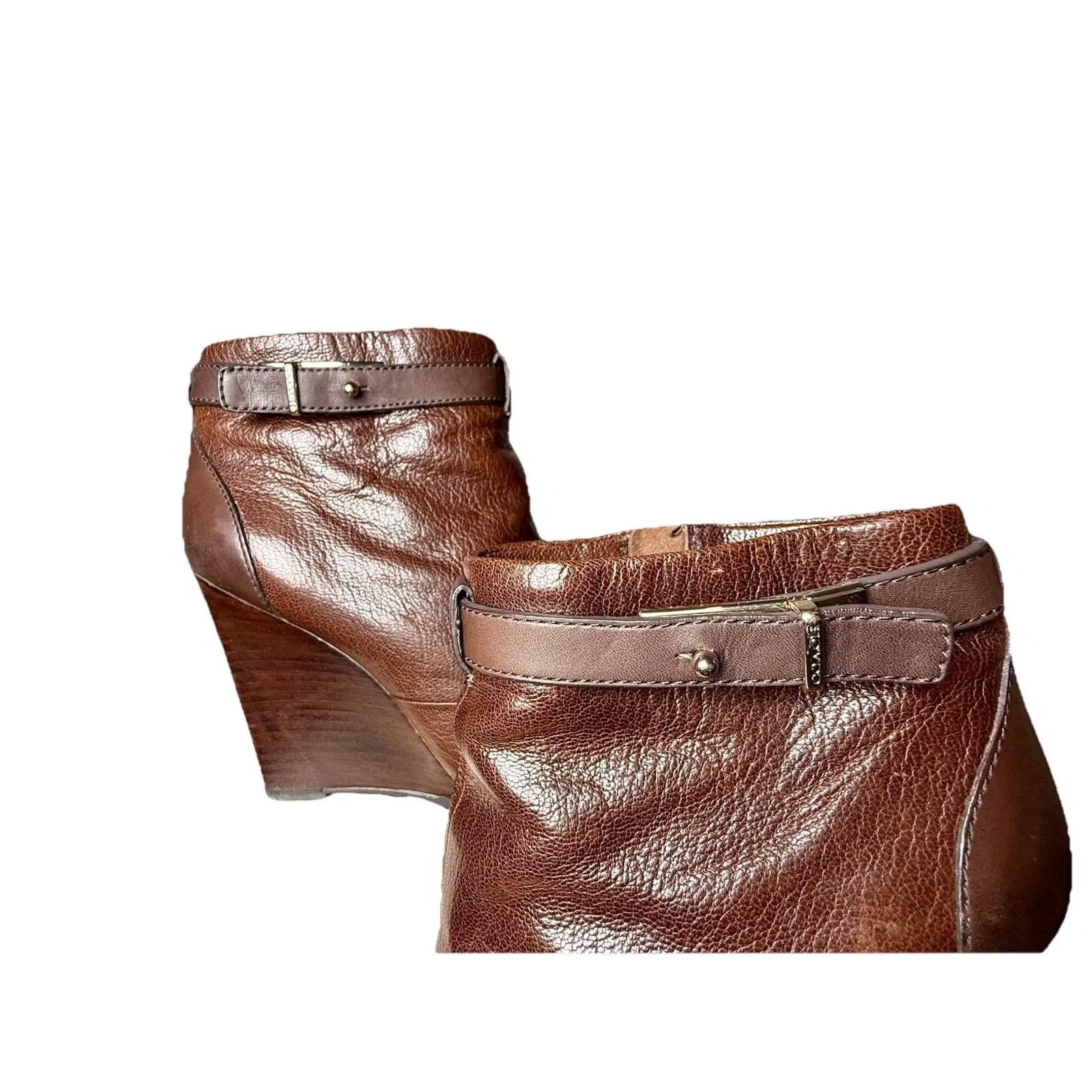 COACH Melody Leather Wedge Heel Almond Toe Ankle Boots Brown Zip Size 7B Booties - Image 4