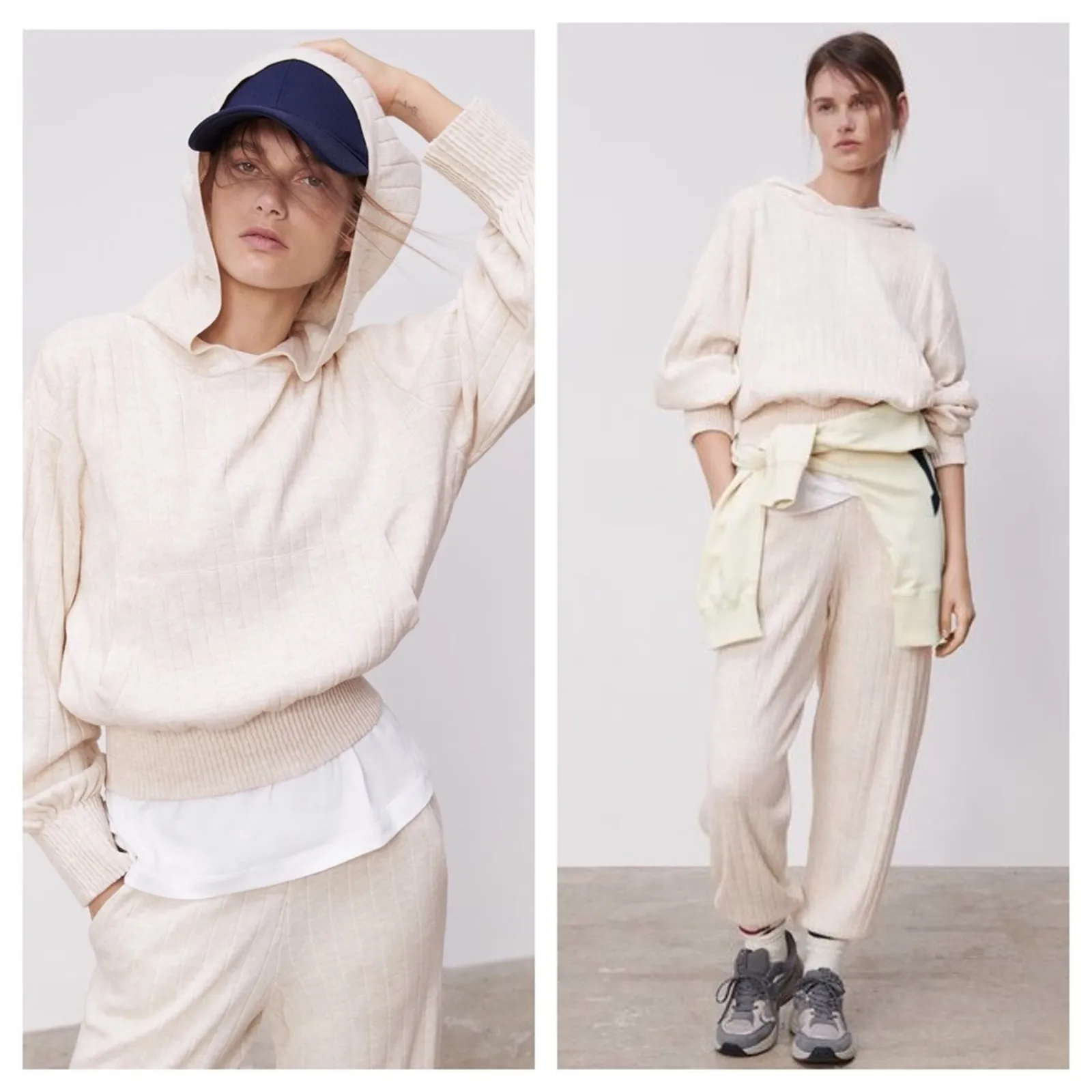 Zara Cream Cropped Knit Ribbed Oversized Comfy Hoodie Sweatshirt Medium Chic - Image 2