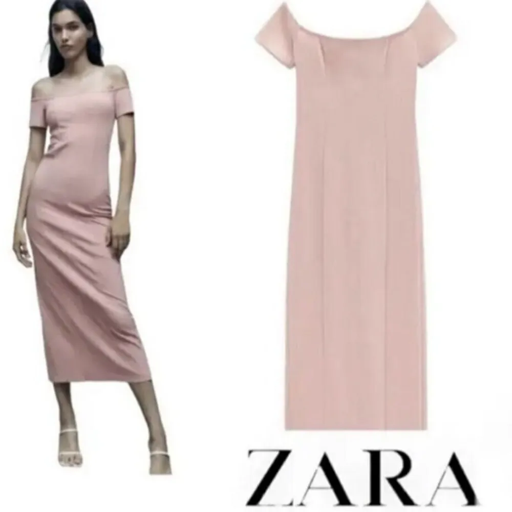 Zara Off the Shoulder Bodycon Midi Dress XSMALL Baby Light Pink Topstitched - Image 5