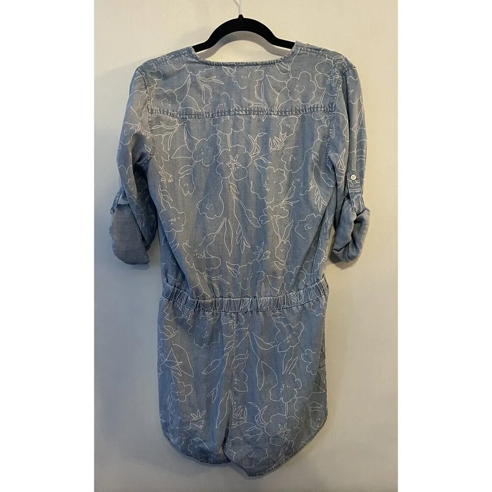 Cloth & Stone Romper Chambray Shorts Floral Roll Tab Sleeve XSmall VNeck - Image 2