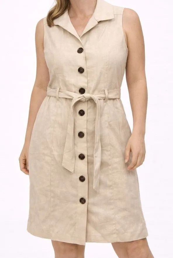Brooks Brothers Petite Fit Sleeveless Collared Button Linen Blend Dress Tan 6P - Image 1