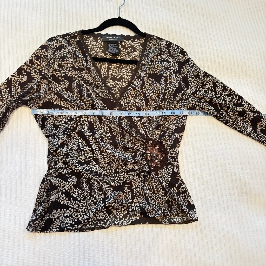 Nine West Separates Chocolate Brown Lace Trim Fairy Faux Wrap Beaded Detail L - Image 9