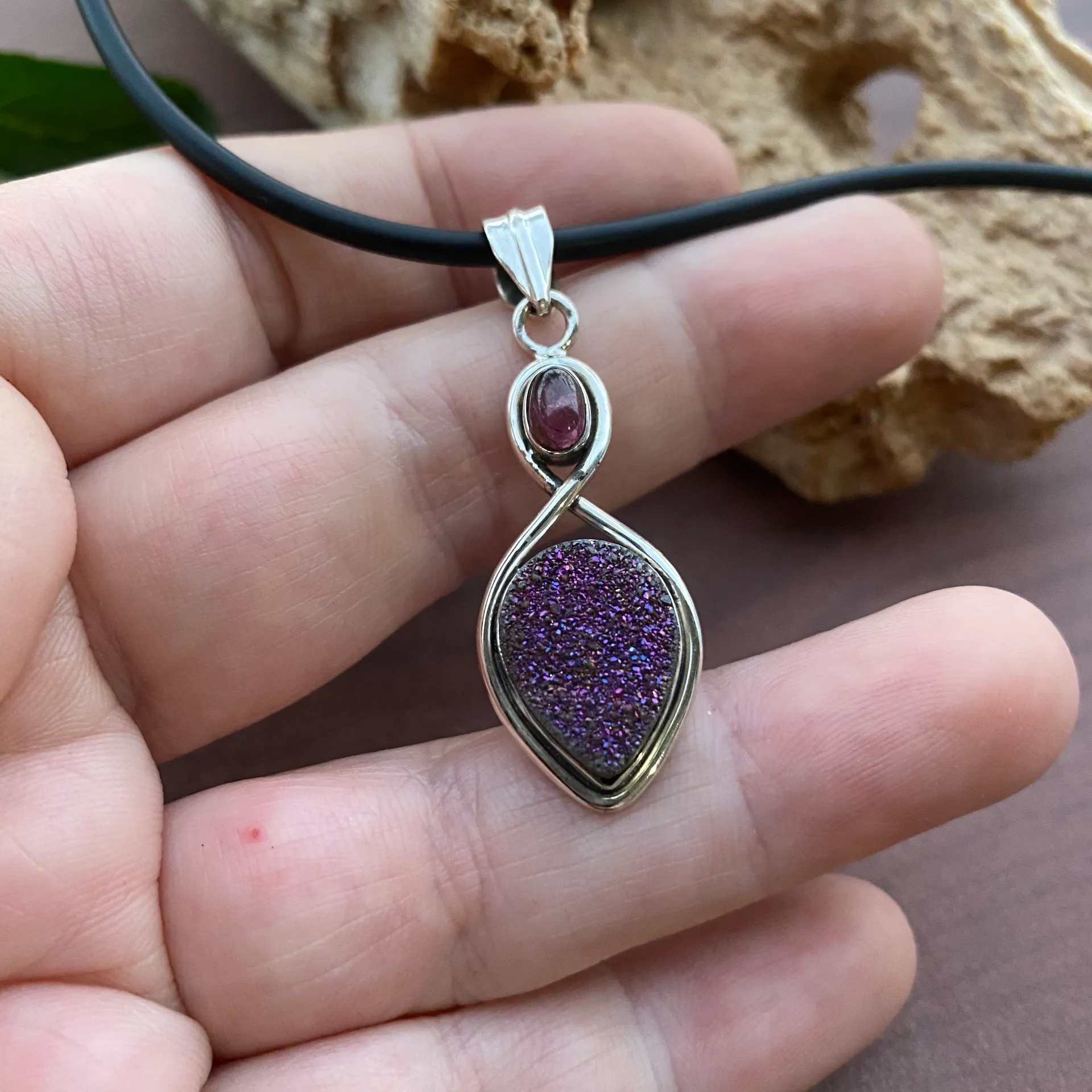 Titanium Aura Druzy & Pink tourmaline pendant Purple - Image 3