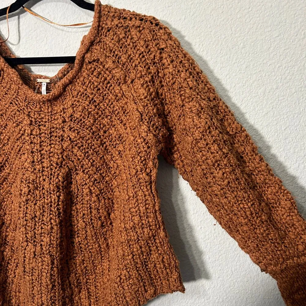 NEW Free People In A Swirl Chunky Pullover Sweater Cinnamon Brown Blouson Sleeve - Image 7