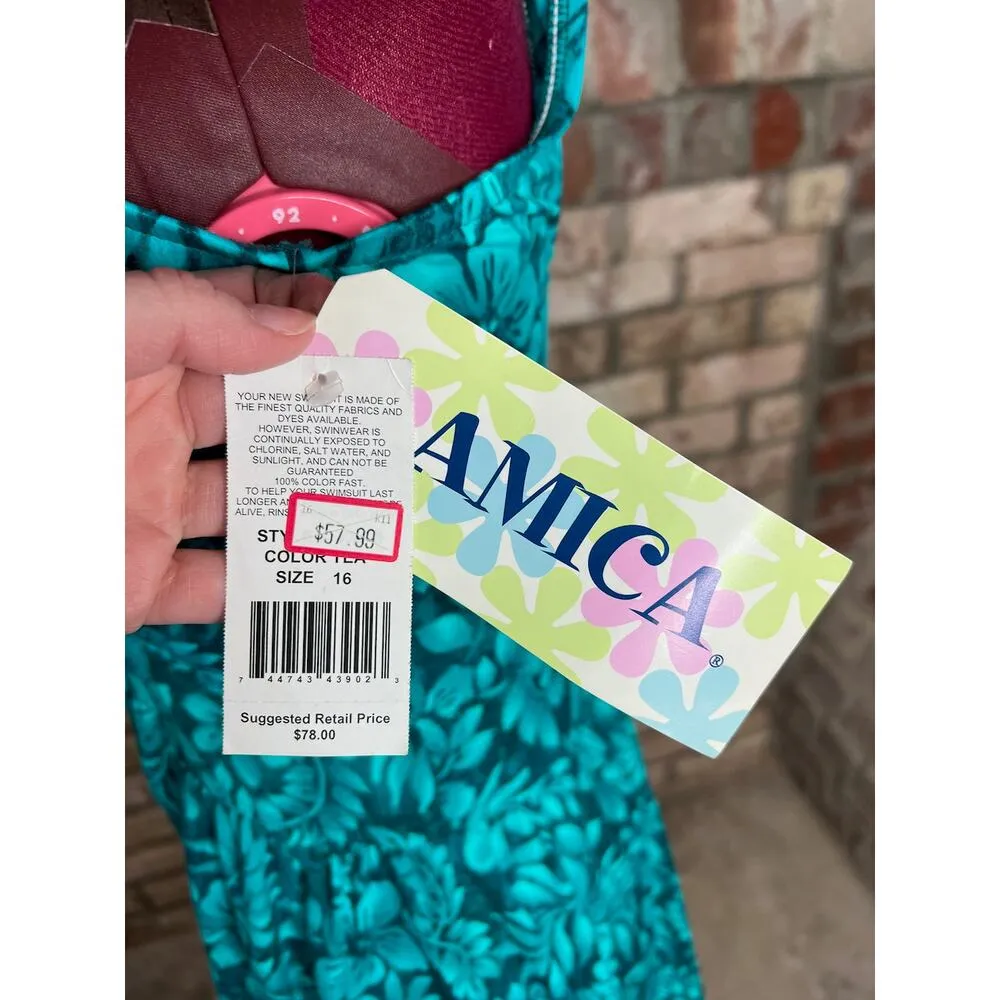 swimsuit swim dress Vintage 1980s one piece V neck blue teal aqua NWT Green Size 16 - Image 8