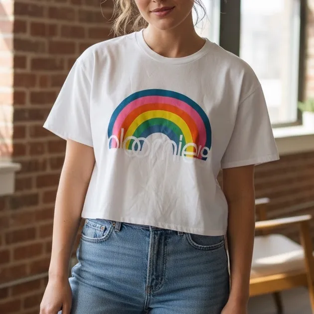 Bloomies‎ White Rainbow Graphic Crew Neck T Shirt Size M Made in USA Size M - Image 3