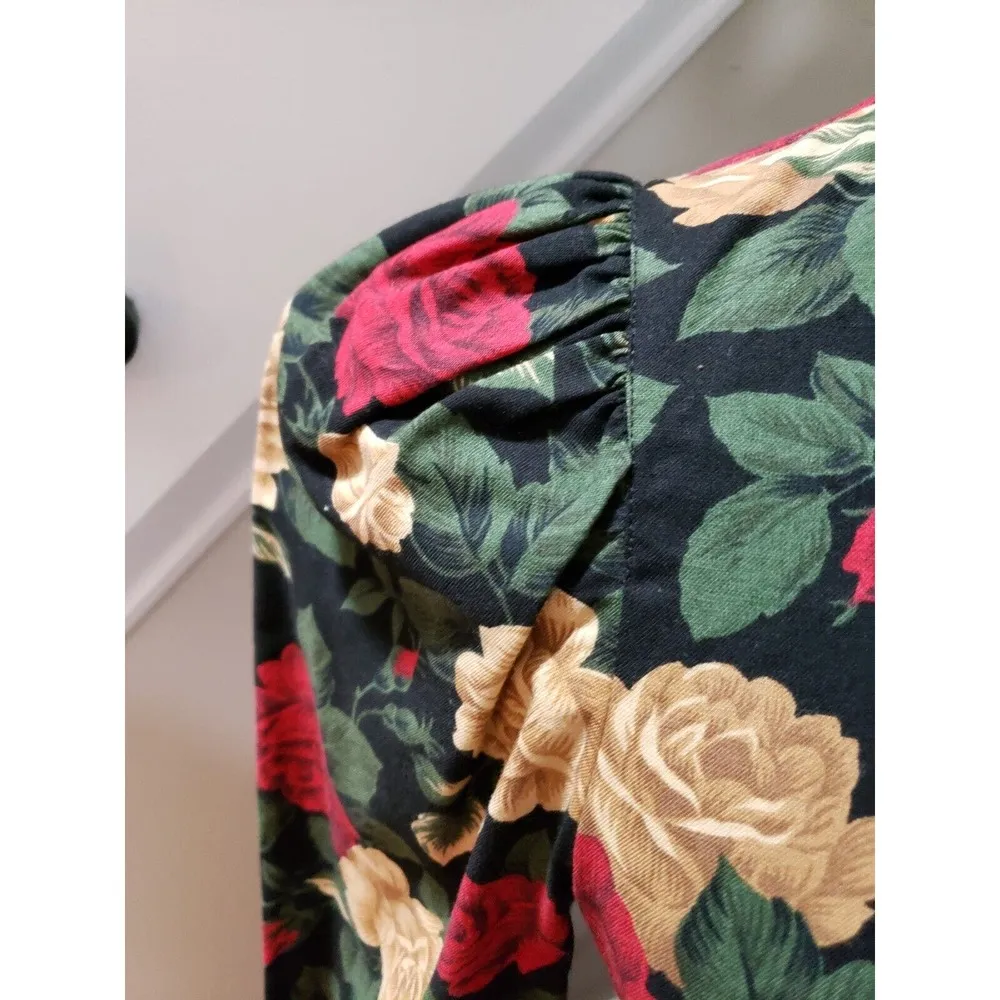 Womens Multicolor Floral Pleated Mock Neck Long Sleeve Knee Length Dress Small - Image 11