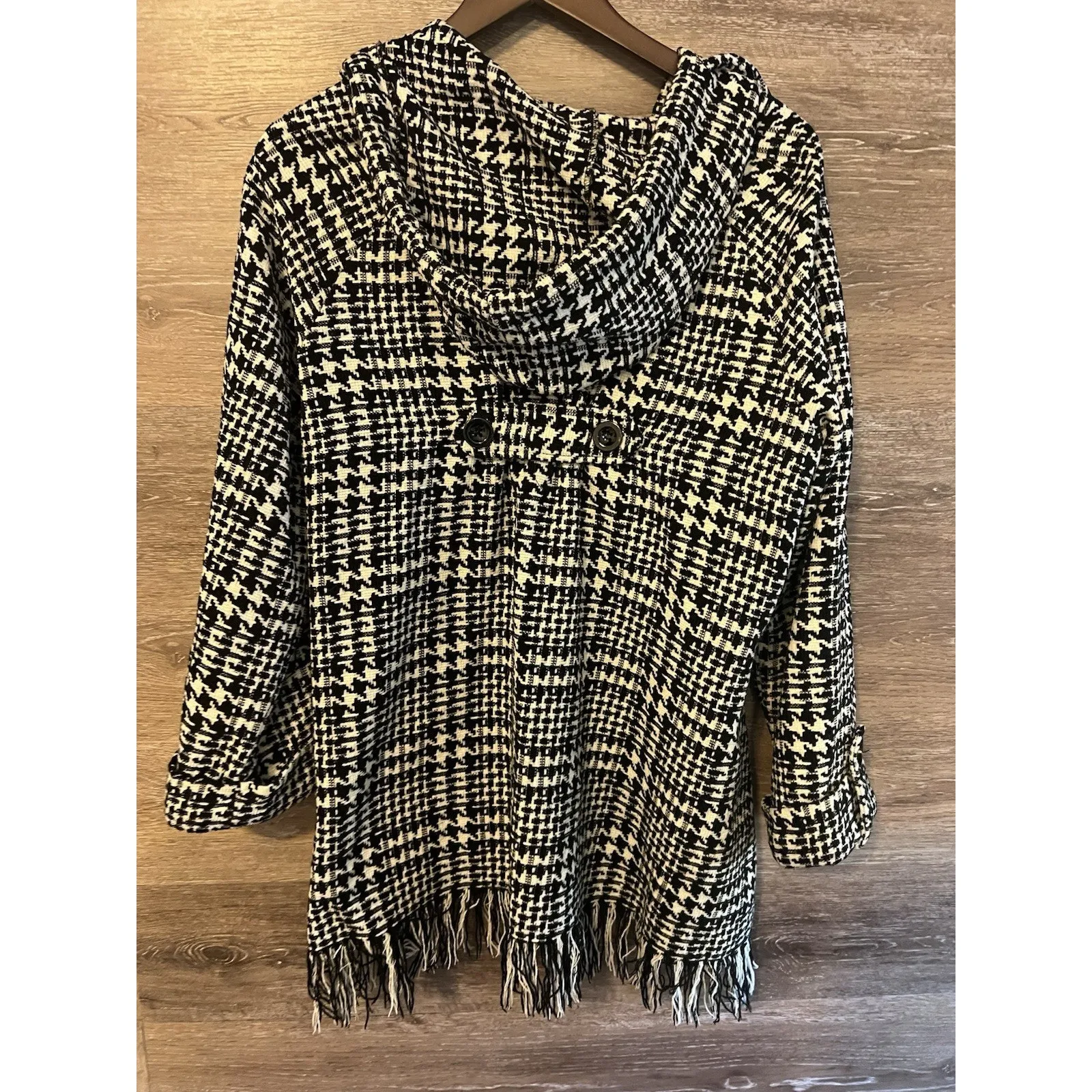 For Cynthia jacket Fringe Sz M Houndstooth Hooded Pockets Black White Classic - Image 7