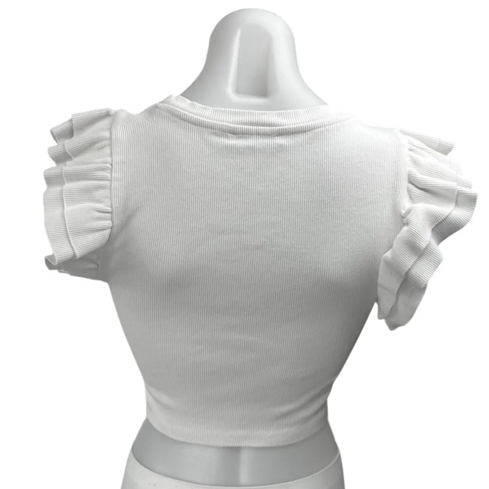 Zara White Ribbed Knit Ruffle Tiered Short Sleeve Cropped Sweater Top Size S - Image 2