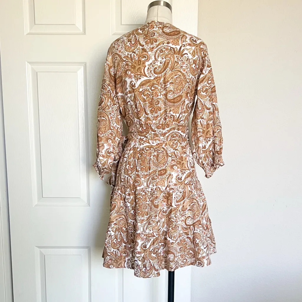 LUSANA Floral Paisley Wrap Mini Linen Dress Orange Size 4 - Image 6