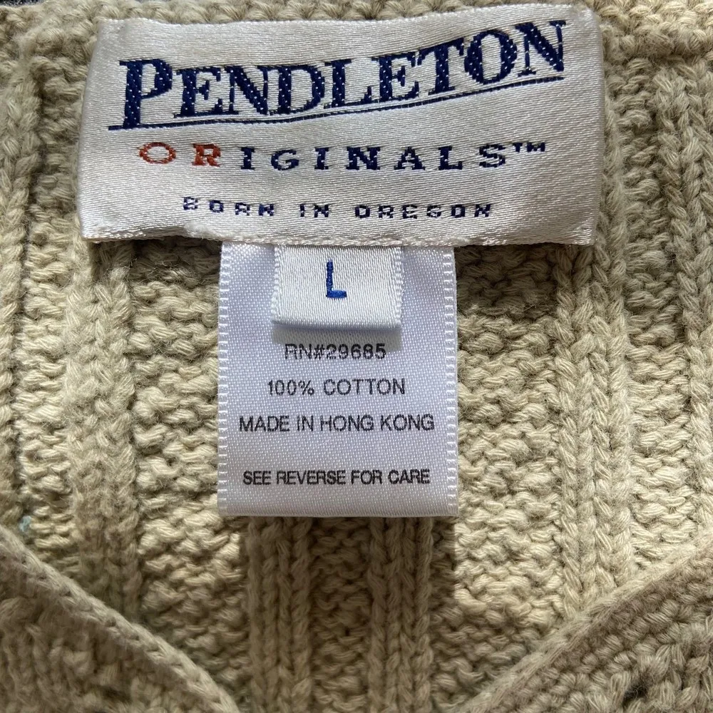 Pendleton Tan Cream Cable Knit V Neck Sweater Shirt Size Large Vintage - Image 8