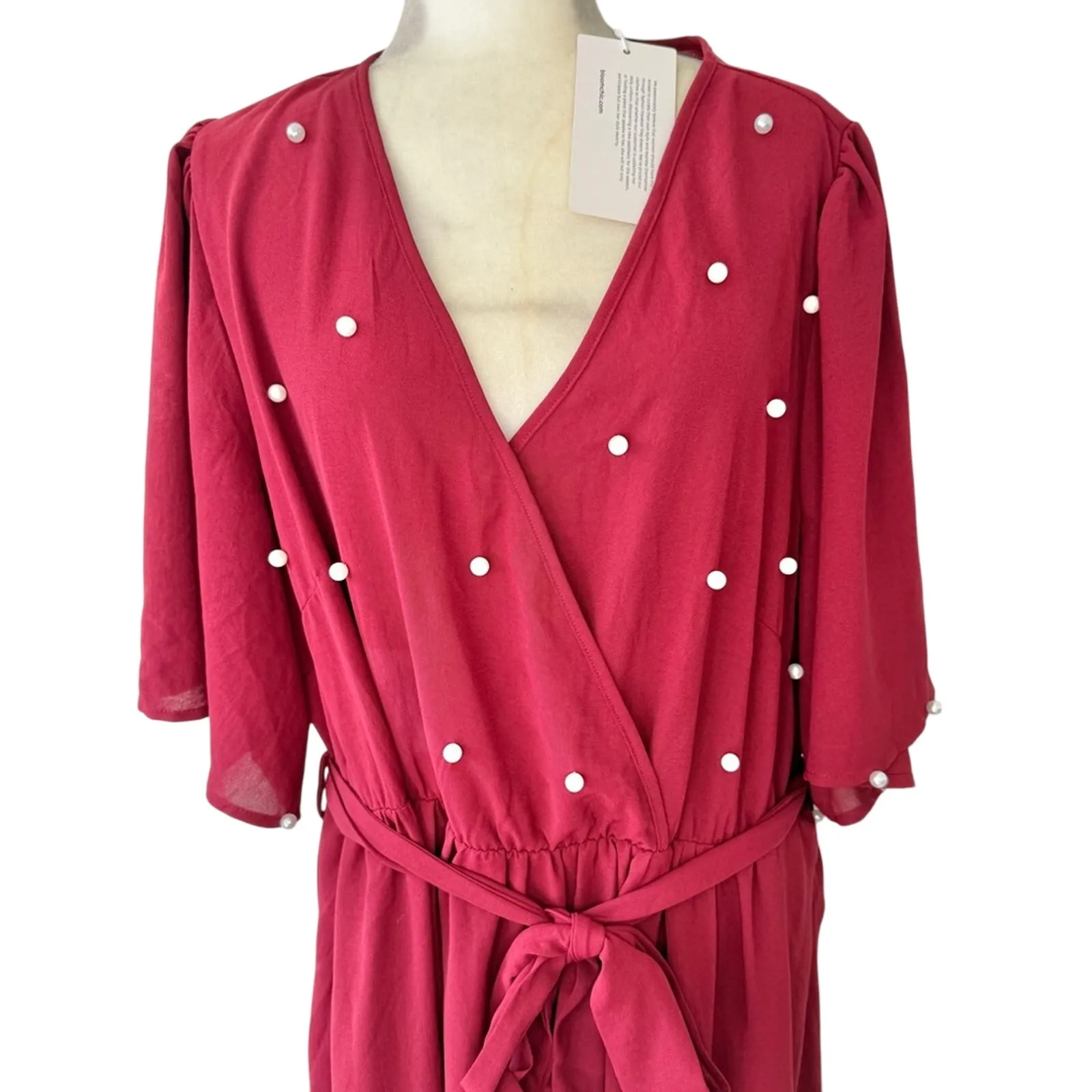 Bloomchic Red Faux Wrap Pearl Stud Short Bell Sleeve Tie Waist Dress Size 22 - Image 7