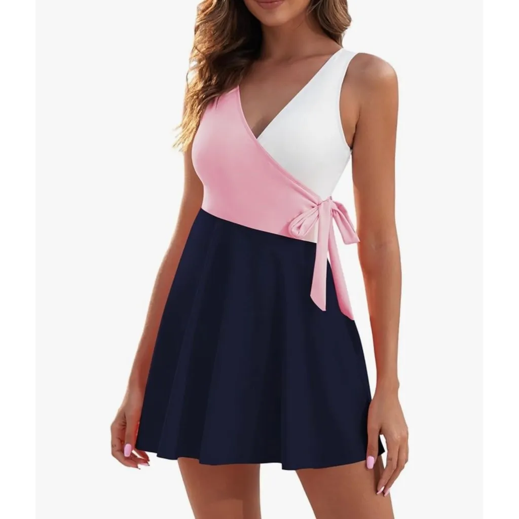 Zaful US 8-10 One Piece Swimdress Swimsuit Color Block V-Neck Wrap Tie Side NWT‎ - Image 2