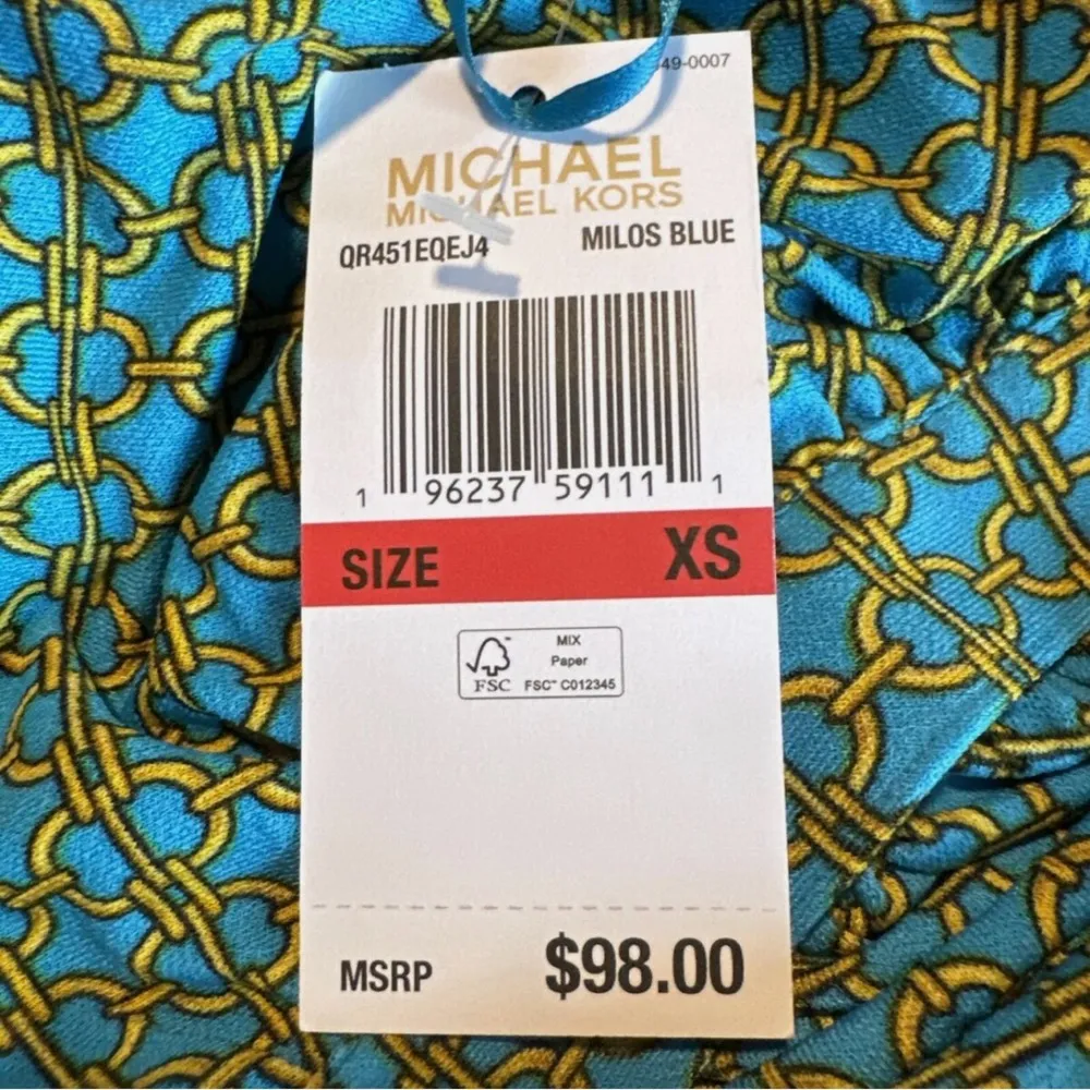XS $98NWT Michael Kors Long Sleeves Top Milo’s Blue Blouse Buttons Up Gold Chain Green - Image 5