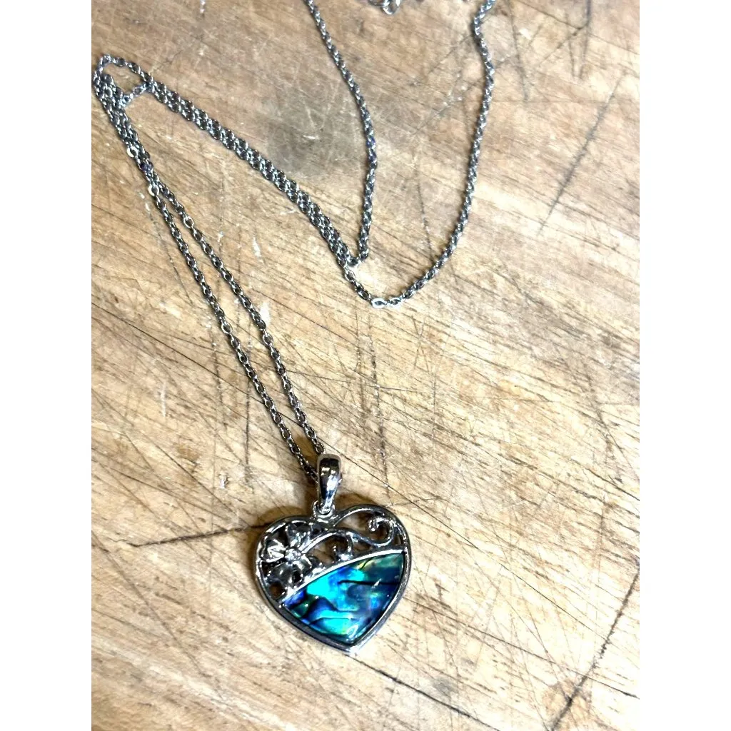 Heart-Shaped Sterling Silver Pendant With Abalone Inlay & Floral Detail On Chain - Image 3