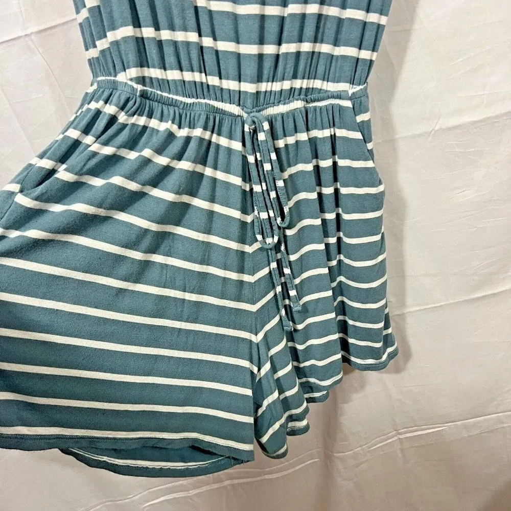 Zenana Romper Women Large Blue Striped Shorts Short Sleeve Elastic‎ Waist - Image 2