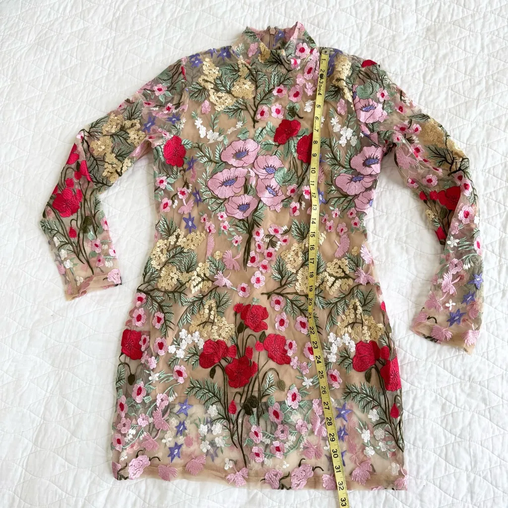 Novaluxe Floral Embroidered Mini Sheer Dress L Romantic Fairy Ethereal Coquette Red Size L - Image 9