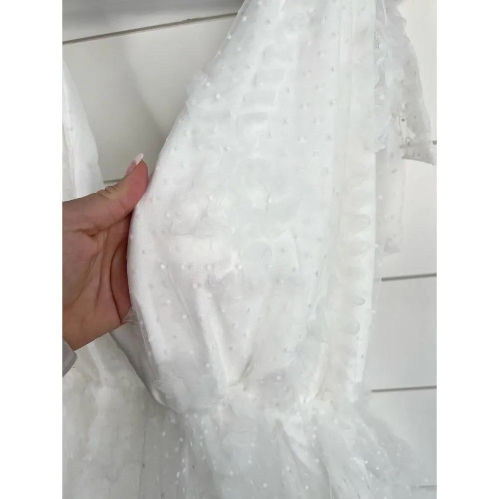 JUST ME White Lace Sleeveless Deep V-Neck Tiered Midi Dress Size L Open Back - Image 4