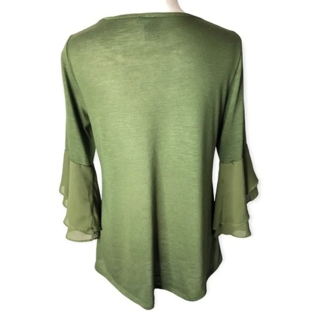 New Directions Olive Green Scoop Neck Pullover 3/4 Bell Sleeve Blouse Size M - Image 96