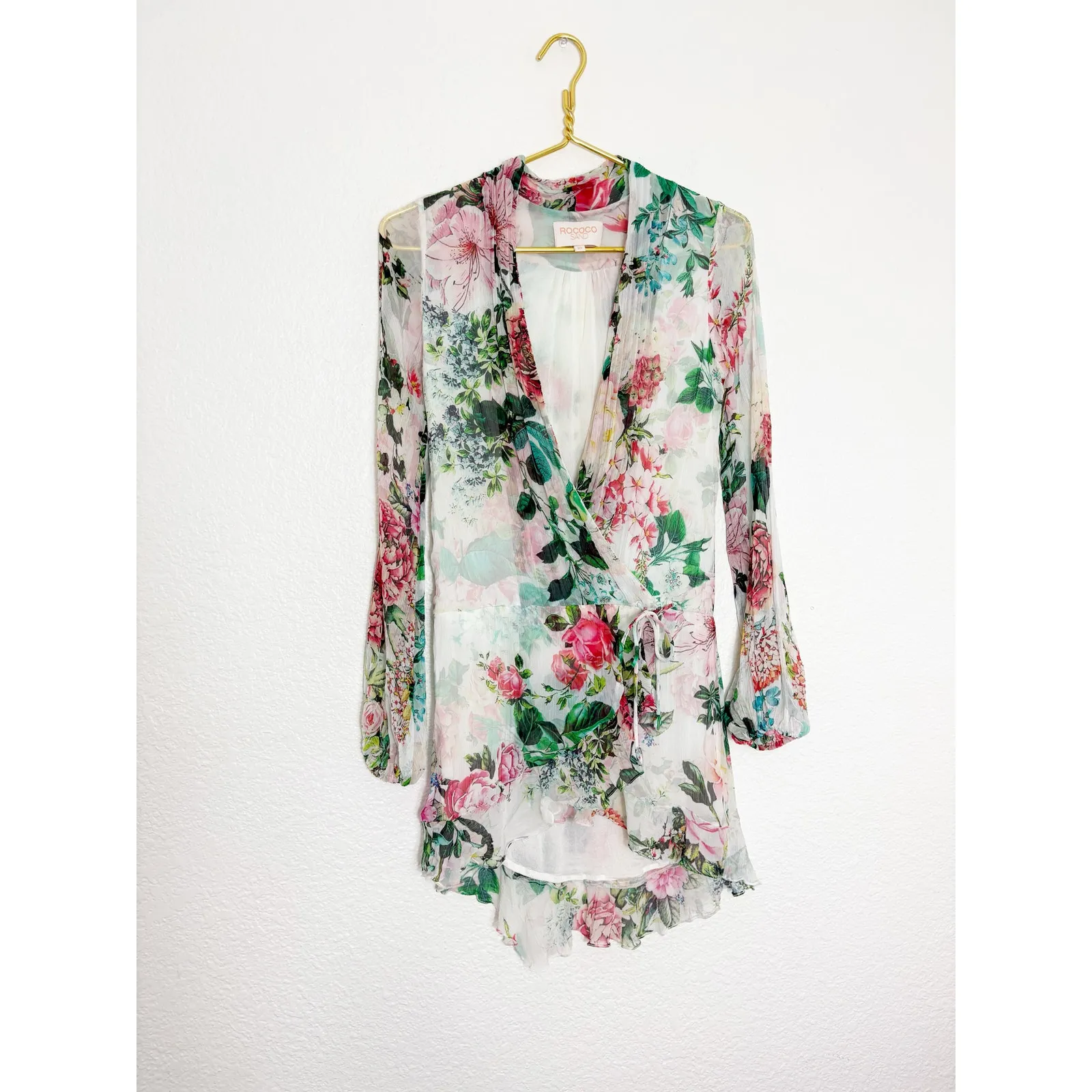 Rococo Sand Isa Wrap Dress Size XS Silk Floral Long Sleeve Mini Bohemian Resort Pink - Image 4