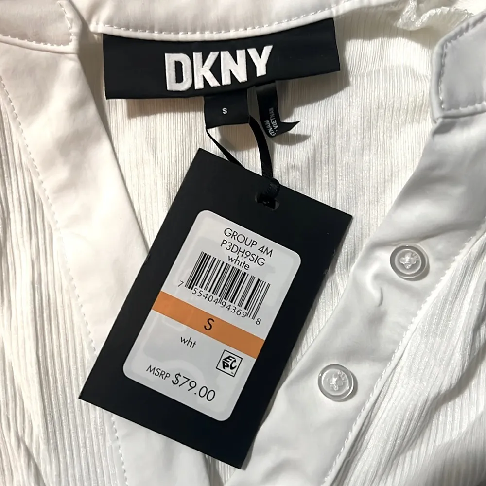 DKNY Puff-Sleeve Ribbed Henley Shirt in White, NWT, Size S - Image 3