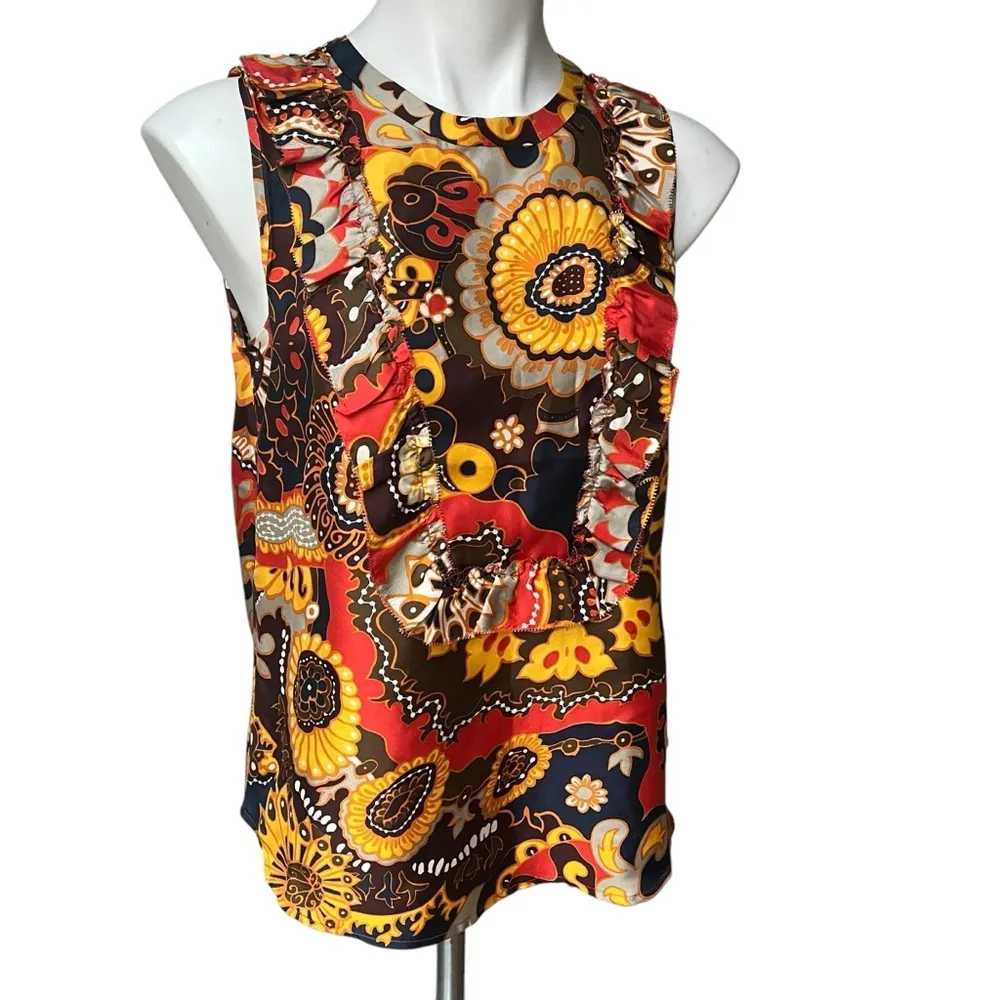 J. Crew Darwin 100% Silk Retro Floral Blouse Twill Ruffle Bib Ratti, Sz 4 - Image 5